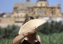 A woman fans herself as she crosses the Roman bridge in Cordoba on a hot day.