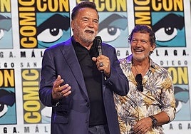 Arnold Schwarzenegger and Antonio Banderas on the Hall M stage at San Diego Comic-Con Málaga.