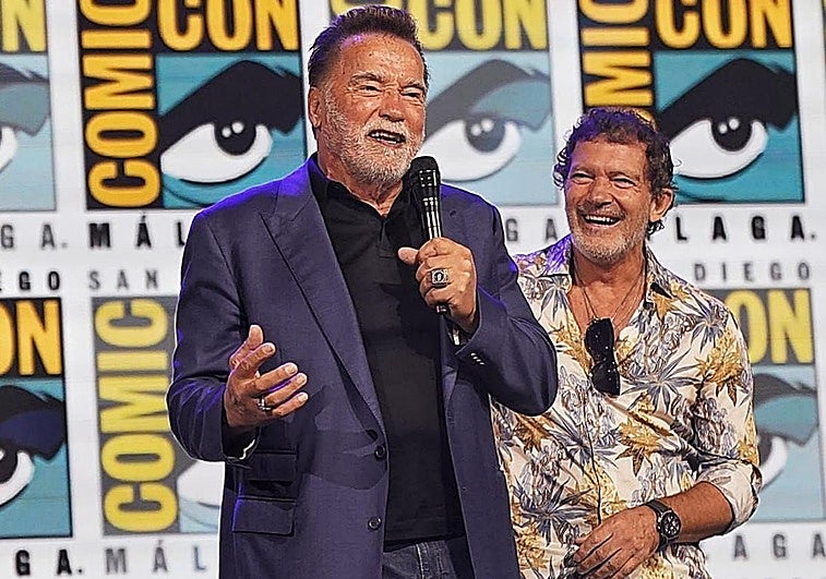 Arnold Schwarzenegger and Antonio Banderas on the Hall M stage at San Diego Comic-Con Málaga.