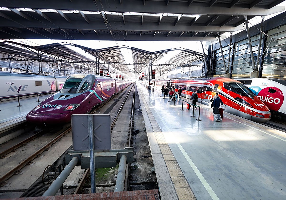 File image of the four high-speed brands (AVE, Avlo, Iryo and Ouigo) lined up at Malaga's María Zambrano station.