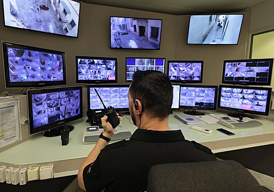 The surveillance control room at the Carmen Thyssen Museum monitors all the exhibition rooms in the art gallery.