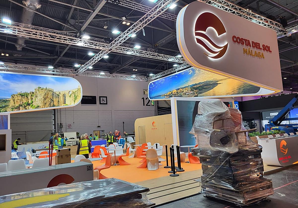 Last-minute preparations on the Costa del Sol stand at WTM London, which opens today.