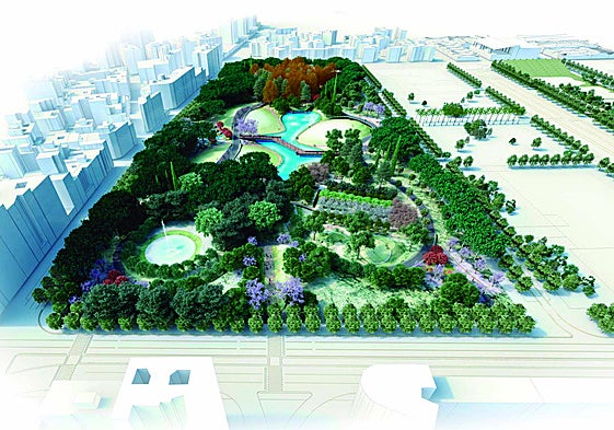 Recreation of the park designed by the architectural studio HCP for the southern area of the Repsol site.