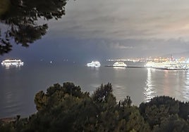Queue of cruise ships waiting to dock in Malaga in the early hours this Tuesday morning.