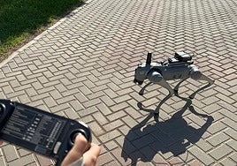 PhD student Carmen Losantos controls Paws, the UA's robot dog.