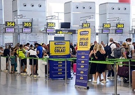 Ryanair check-in desks at Malaga Airport.