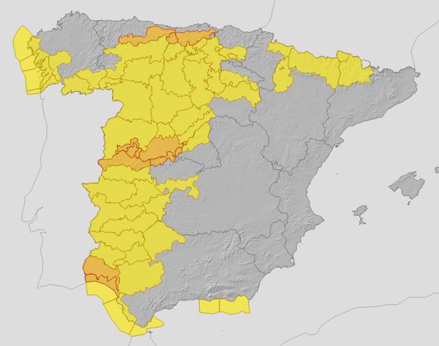 Areas of Spain covered by weather alerts this Thursday, 13 November.