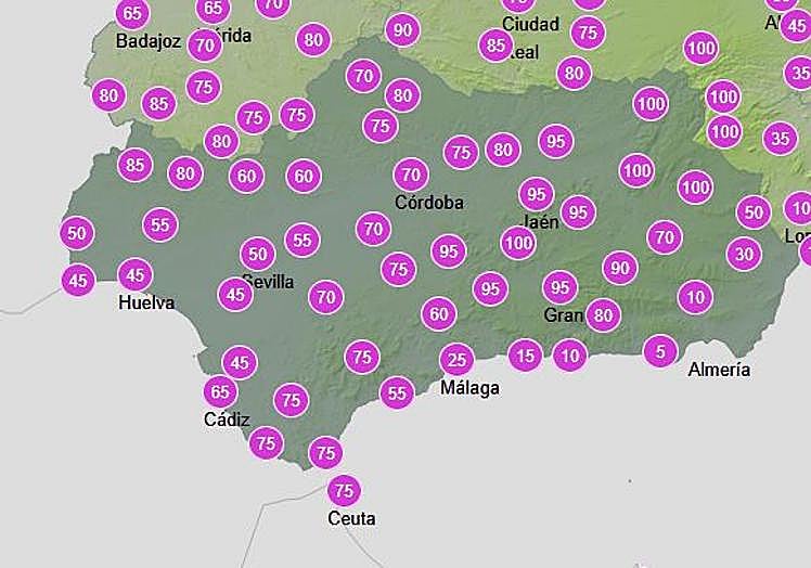 Rainfall probability on Monday in Andalucía, according to Aemet.