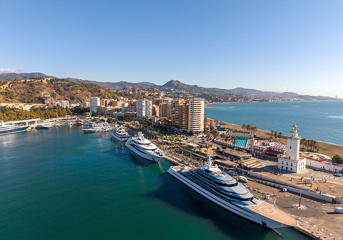Aerial view of the Malaga marina, with some of the most luxurious megayachts in the world.