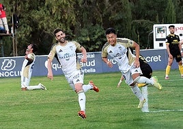 Marbella's Rodri Ríos, left, celebrates scoring his second goal on Saturday.