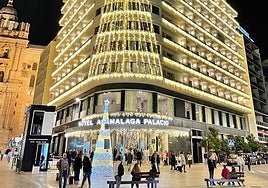 View of the AC Málaga Palacio hotel all dressed up for Christmas.