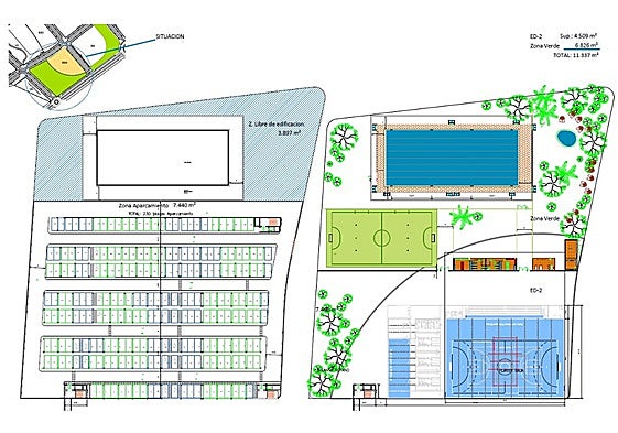 The project consists of a car park, an outdoor sports and leisure area and a covered pavilion.
