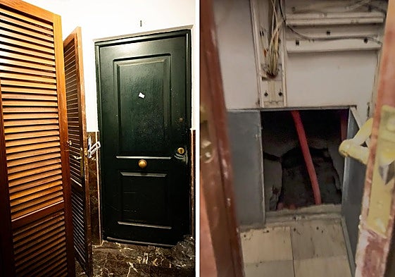 On the left, the entrance to the meter room, located right next to a flat; on the right, the hole in which the body was found.