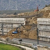 Machines working to stabilise the landslide in Álora, which is delaying the reopening of the high-speed rail.