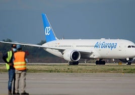 Air Europa plane waiting on the runway at Malaga Airport.