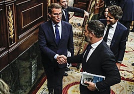 PP leader Alberto Núñez Feijóo and Vox leader Santiago Abascal shaking hands