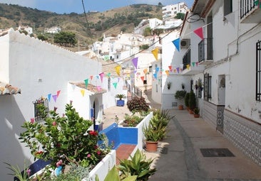 Street with flowerpots that can be stolen these days in Moclinejo.