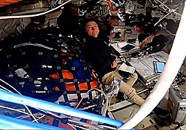 Orion's crew, with Christina Koch in the foreground, in Nasa's live broadcast.