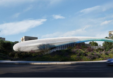The design of the future centre, shaped like a drop of water.