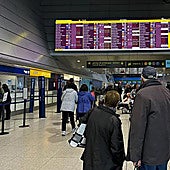 Couple checking the flight information display system at an airport.