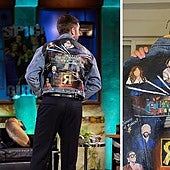 RTVE presenter Broncano wears one of Elena's creations on his programme La Revuelta and right, the artist with one of her jackets