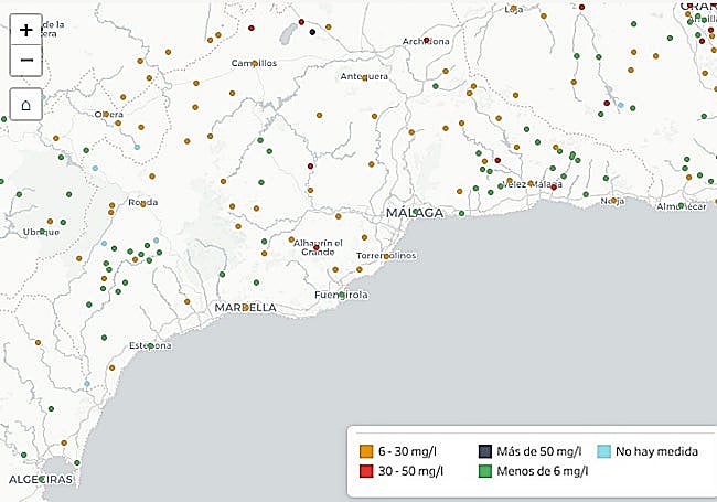 Greenpeace map showing various levels of nitrate contamination by municipality in Malaga province