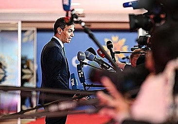 Spain's PM Pedro Sánchez speaking to the media upon his arrival at the Cyprus summit.