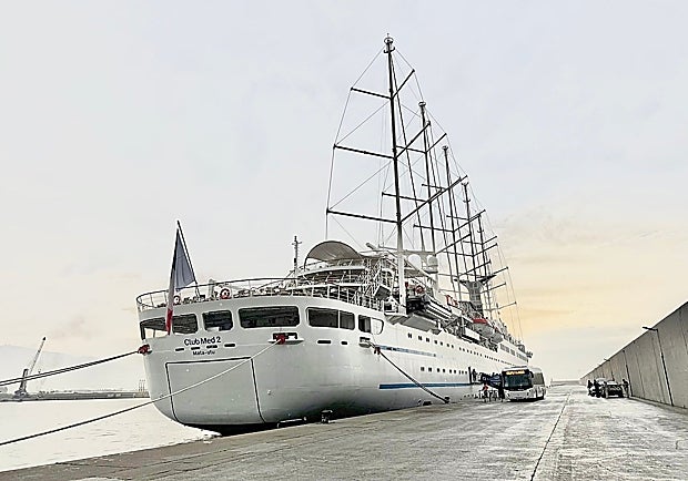 The Club Med 2 moored in the port of Motril.