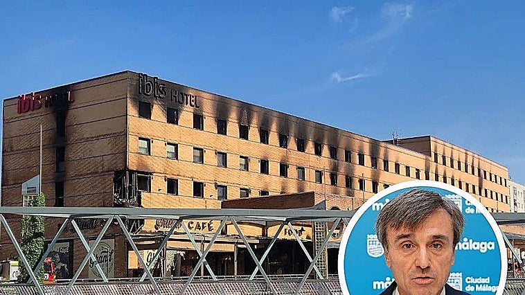 The building that houses the Ibis hotel and Le Gran Café in Malaga after the fire on Monday; in the circle, councillor Avelino Barrionuevo.