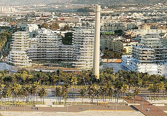 Recreation of the La Térmica project in Malaga, with the hotel building on the right.