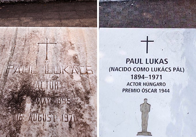 The old and new gravestone, on which the errors in Paul Lukas’s name and date of birth have been corrected.