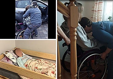Julia lying on her bed and in her wheelchair, accompanied by her parents.