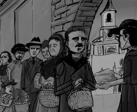 Imagen secundaria 1 - Images from the storyboards for Veleta drawn by illustrator Álvaro Aracil and set in the port of Malaga and the church of Santísima Trinidad. The third image is one of the few photos of Nita Carmona, with other players in the team. 