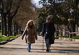 A retired couple out for a walk in a park.