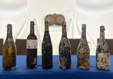 A photograph of the bottles from the six Axarquía wineries after they were recovered from the seabed in Malaga city.