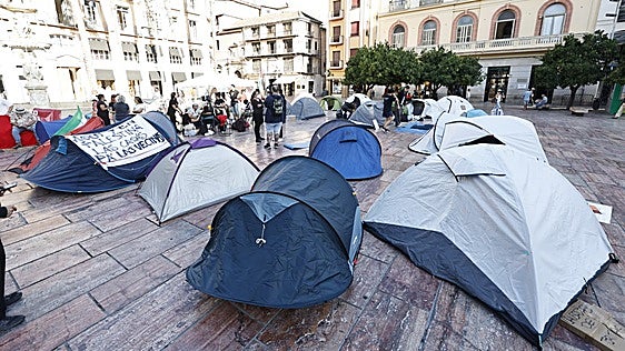 The makeshift camp in Malaga's Plaza de la Constitución.