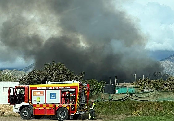 Firefighters and the plume of smoke caused by the fire in Nerja.