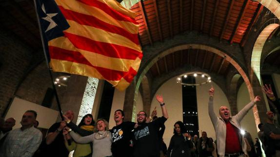 Supporters of Catalan independence celebrate on Thursday night.