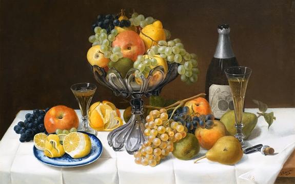 Still life Fruit with Champagne by Severin Roesen.