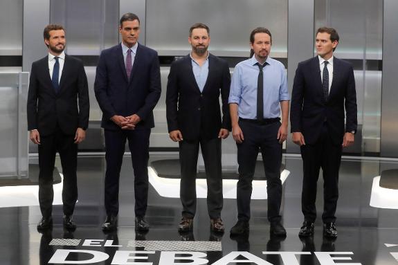 The leaders of (left to right) PP, PSOE, Vox, Unidas Podemos and Ciudadanos line up to debate.