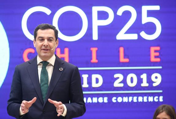 Juanma Moreno speaking at the COP25 Climate summit.