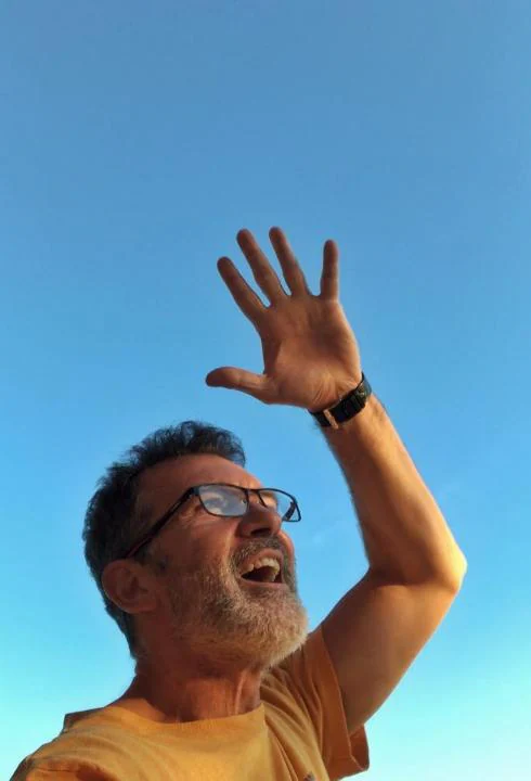 A bearded Antonio Banderas at his home in Marbella last week.