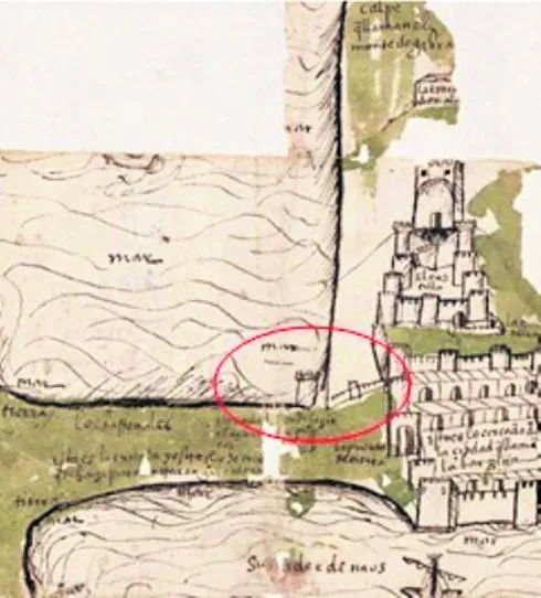 An old map with the tower . sur