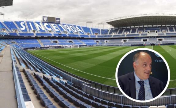 An empty La Rosaleda stadium and Javier Tebas (inset).