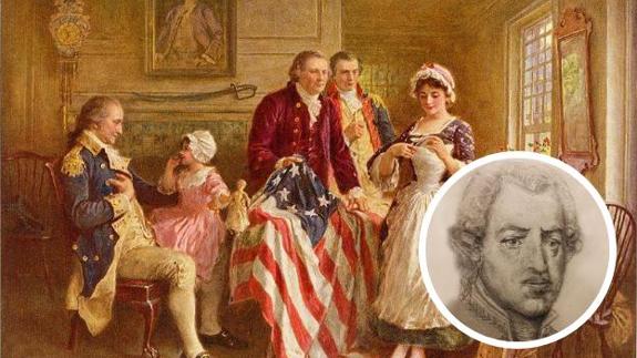 Oil painting showing the birth of the USA flag, with Washington seated on the left. Inset, Luis de Unzaga.