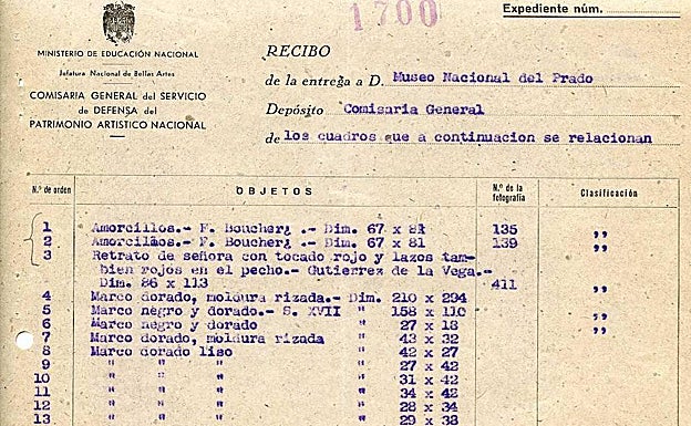 Recibo de la entrega al Museo por parte de la Comisaría General del Servicio de Defensa del Patrimonio Artístico Nacional de dos cuadros de Boucher, uno de Gutiérrez de la Vega y varios marcos. 