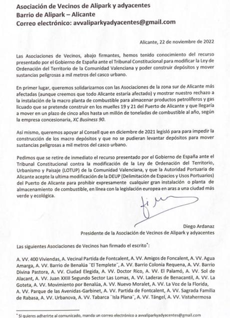 Imagen - Escrito de las 24 asociaciones de vecinos de Alicante contra los macrodepósitos del puerto.