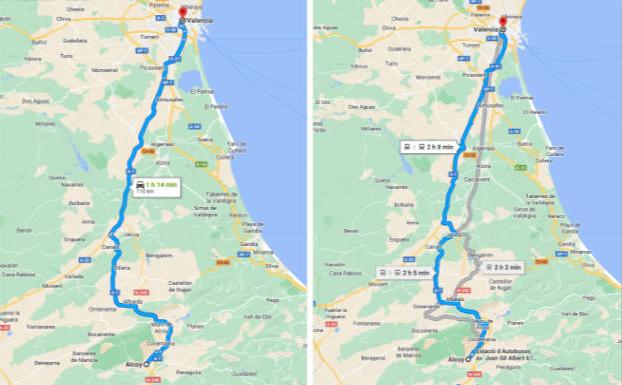 Comparativa de viajar desde Alcoy a Valencia en coche y tren.