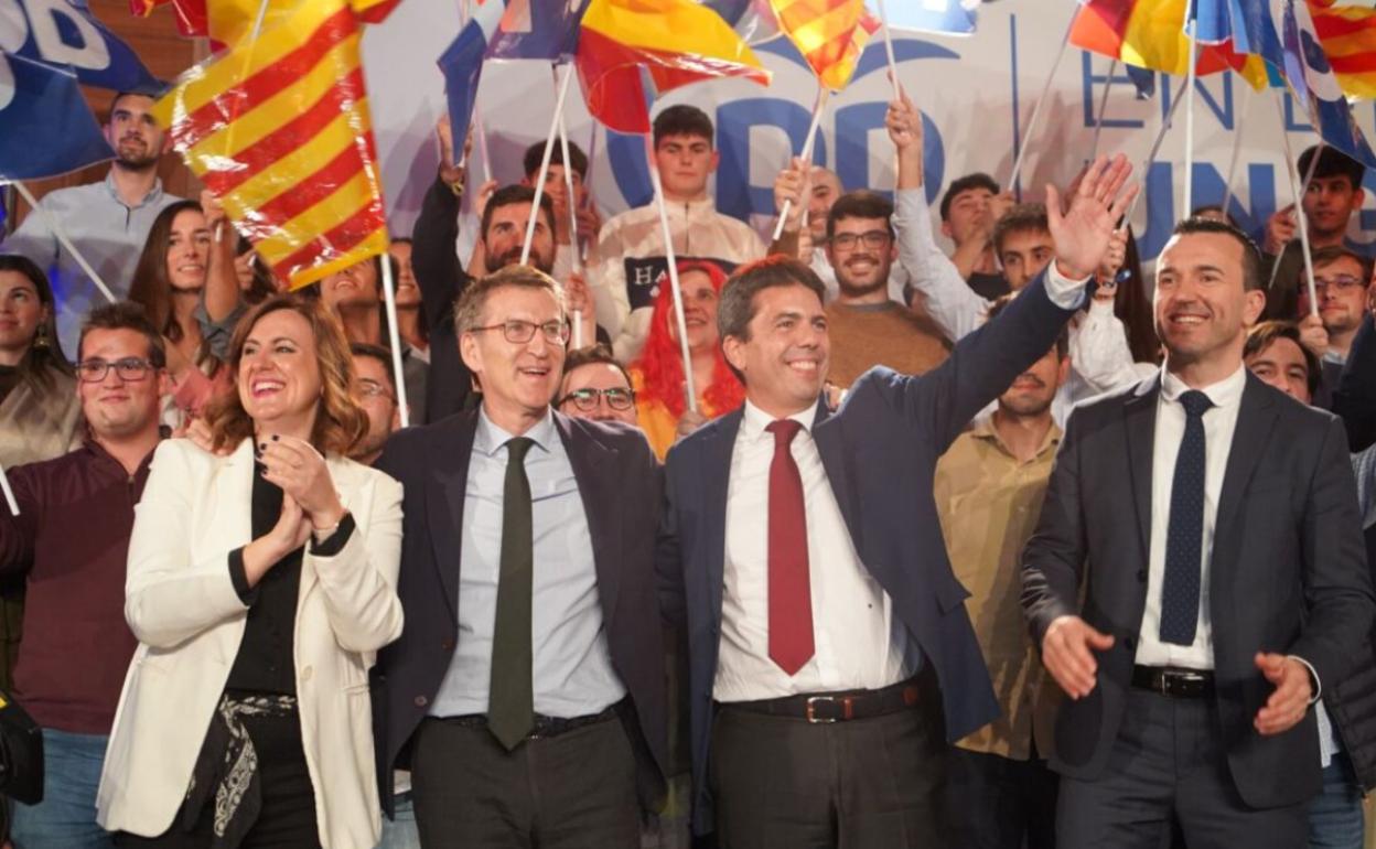 María José Catalá, Alberto Núñez Feijóo, Carlos Mazón y Vicent Mompó, durante el anterior acto del presidente popular en Valencia. 