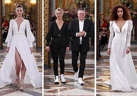 Hannibal Laguna, con alguna de las creaciones nupciales presentadas esta semana en Madrid.